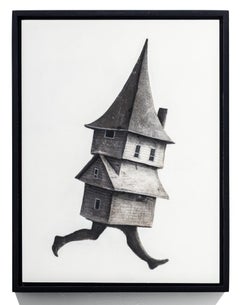 "The Meeting 21" Haus und Kirchturm in Bewegung; Tusche, Kohle, Pastell auf Wood