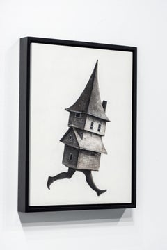 "The Meeting 21" Haus und Kirchturm in Bewegung; Tusche, Kohle, Pastell auf Wood