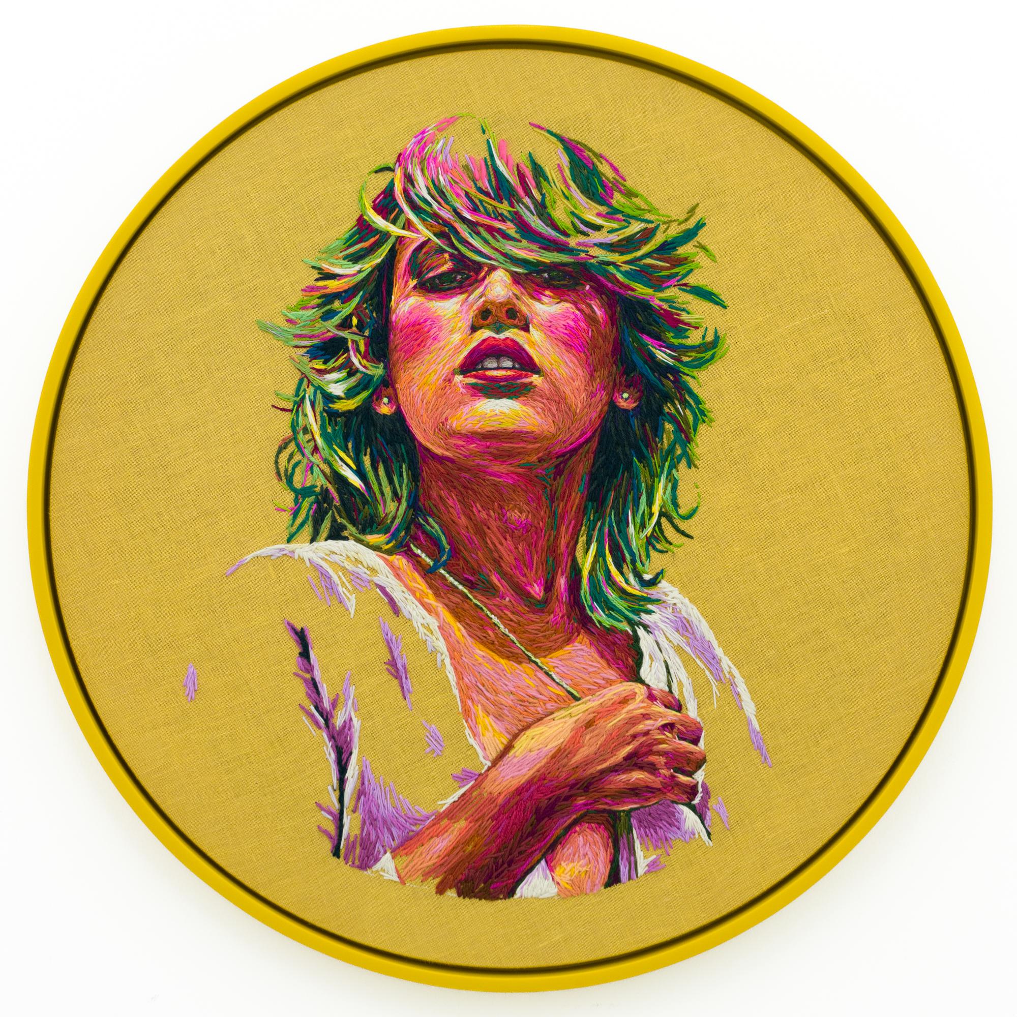 "The Yarn We Spin", Hand Crafted Portrait of Woman in Embroidery on Linen - Art de Danielle Clough