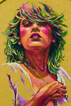 "Das Garn, das wir spinnen", handgefertigtes Porträt einer Frau in Stickerei auf Leinen