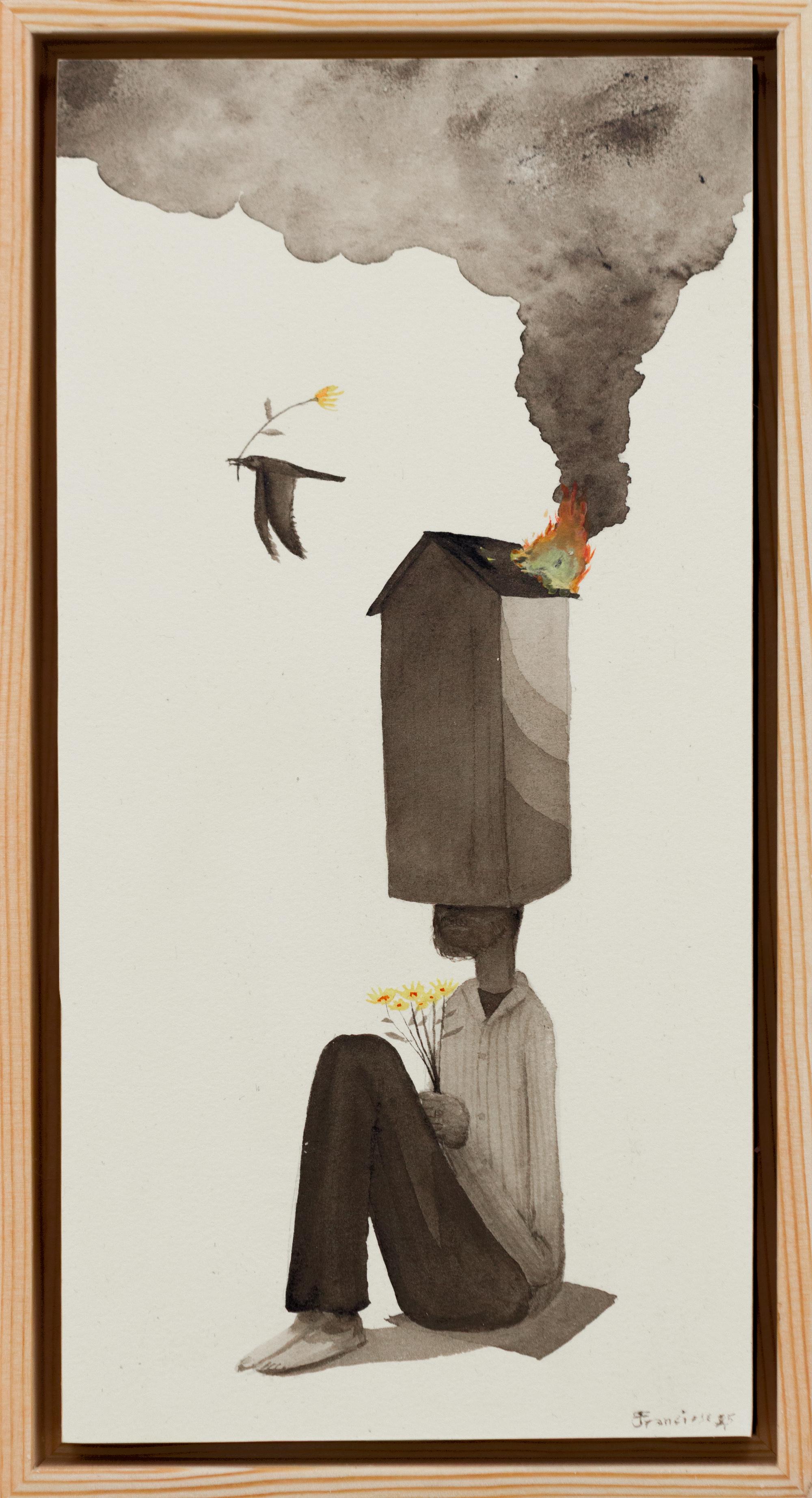 Figurative Art di Graham Franciose - "Un fiore reciso non può durare" Fumo e immagini di case in scala di grigi ad acquerello