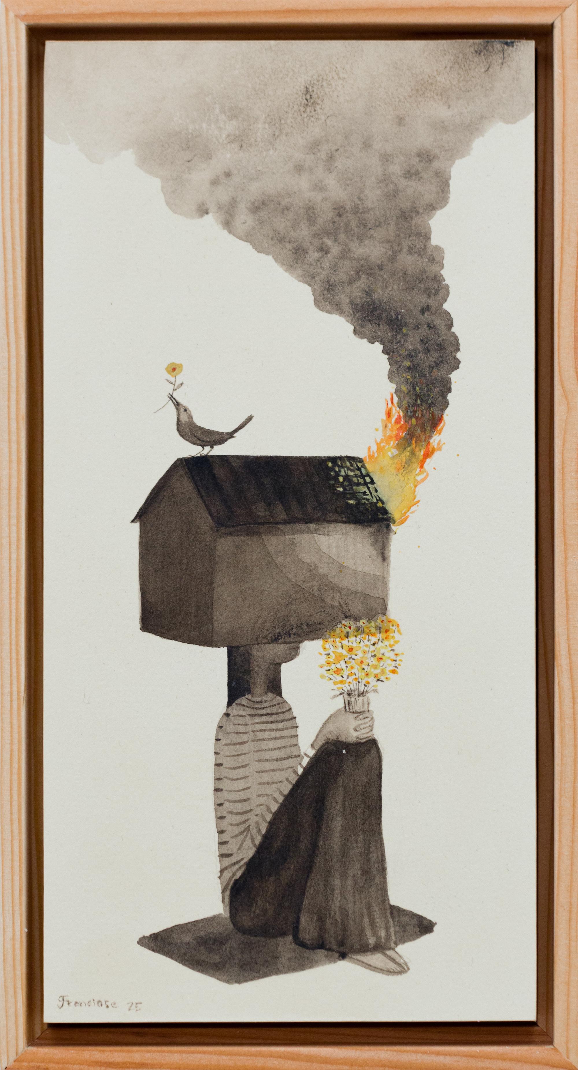 "Un fiore reciso non può durare II" Figura con fiori e casa in fiamme