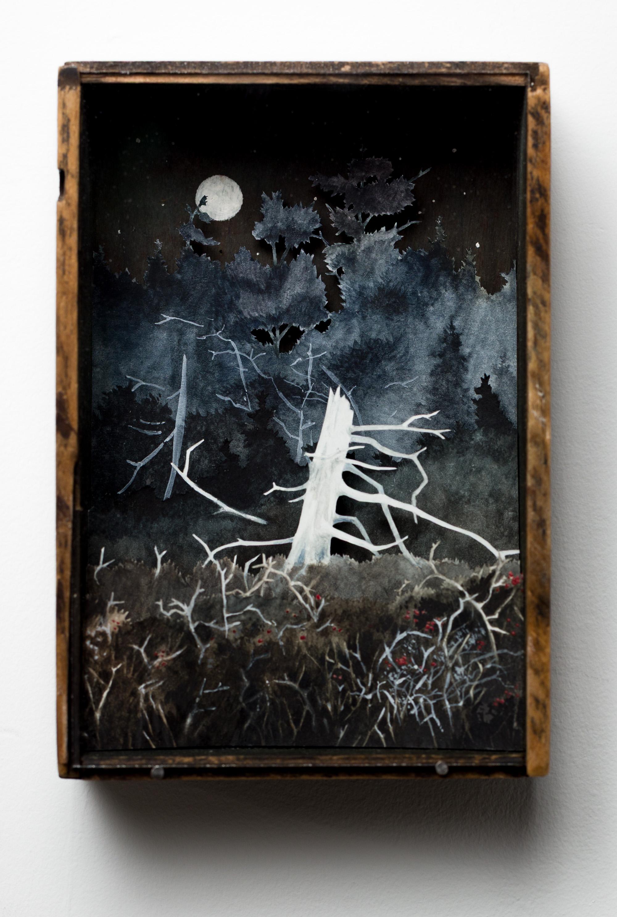 Landscape Art Allison May Kiphuth - « Elder, décembre », scène forestière miniature avec un arbre blanc, aquarelle et gouache