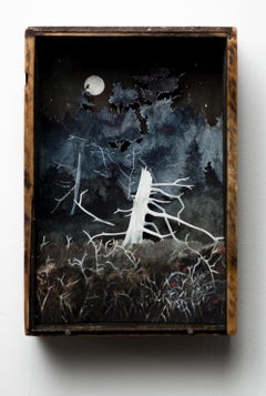 „Elder, Dezember“, Miniatur-Waldszene mit weißem Baum, Aquarell und Gouache