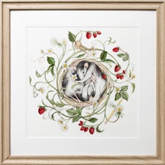 "Nesting", Botanical Watercolor of Opossums in a Nest with Strawberries