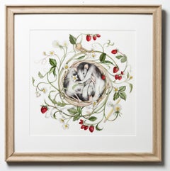 "Nesting", Botanical Watercolor of Opossums in a Nest with Strawberries