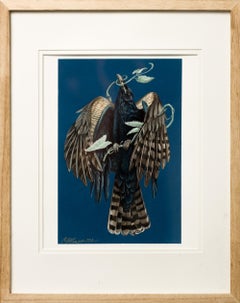 "Rook", Black Bird Portrait against Blue Ground Framed Painting