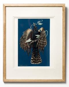 "Rook", Black Bird Portrait against Blue Ground Framed Painting