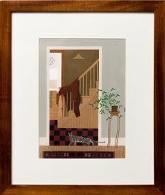 "Left Behind" Everyday Scene, Household Interior with Cat, Framed Drawing