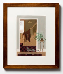 "Left Behind" Everyday Scene, Household Interior with Cat, Framed Drawing