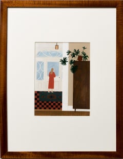 "At the Door", Interior Domestic Scene, Figure in Red Dress Looking Out The Door