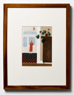 "At the Door", Interior Domestic Scene, Figure in Red Dress Looking Out The Door
