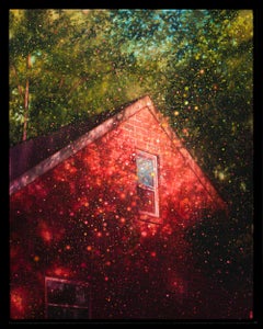 "Wandering By", Nostalgic Red House Exterior Surrounded By Trees Painting