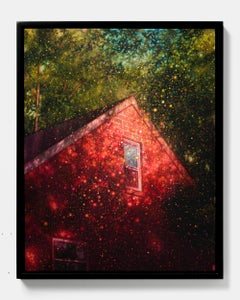 "Wandering By", Nostalgic Red House Exterior Surrounded By Trees Painting