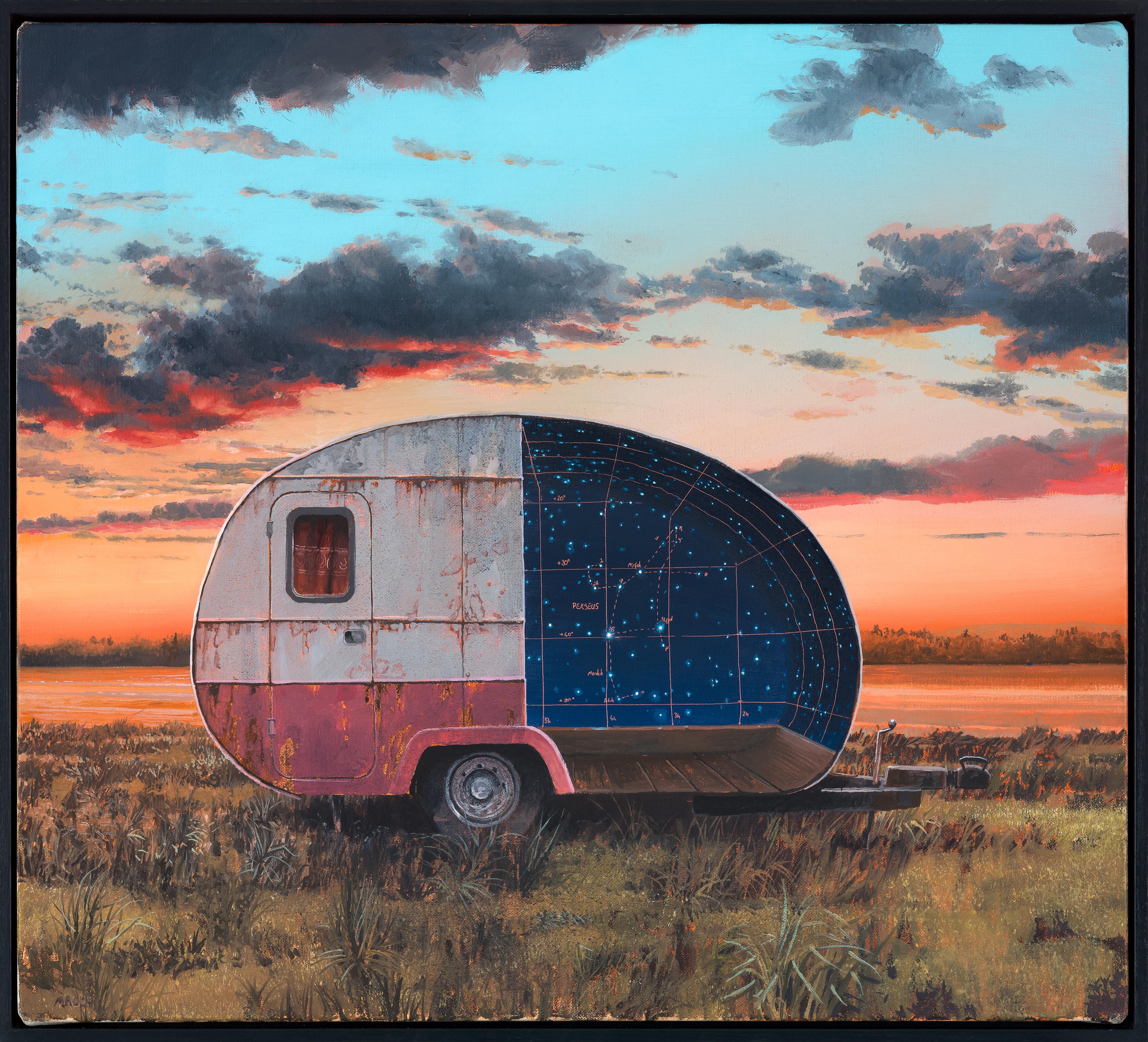 Andrew McIntosh Landscape Painting - "Perseus", Celestial Oil Painting, Constellation, Camper in Landscape, Astronomy