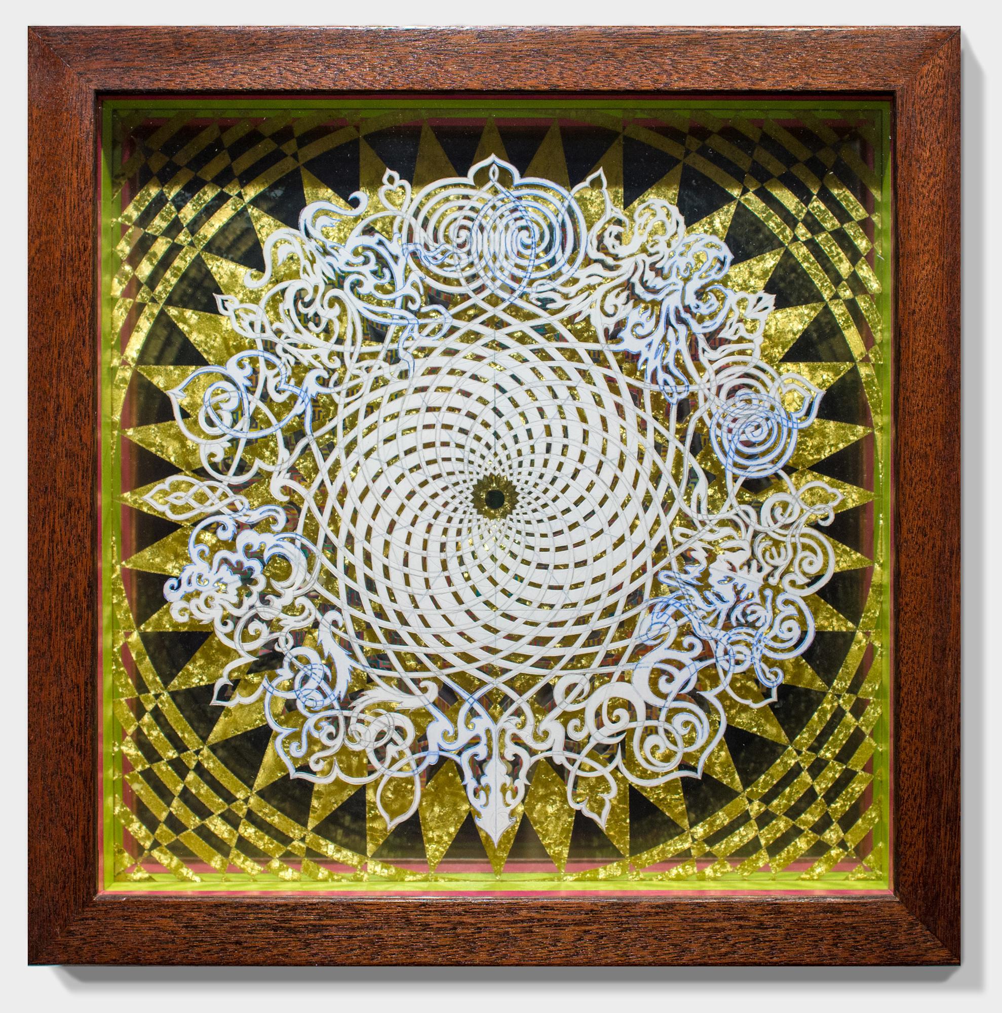 This is an original wall-hanging, hand-cut, paper sculpture by Hunter Stabler measuring 13.5”h x 13.5”w x 2.5”d framed. The front layer is made from graphite and transfer paper on the reverse of hand-cut archival digital pigment print mounted to