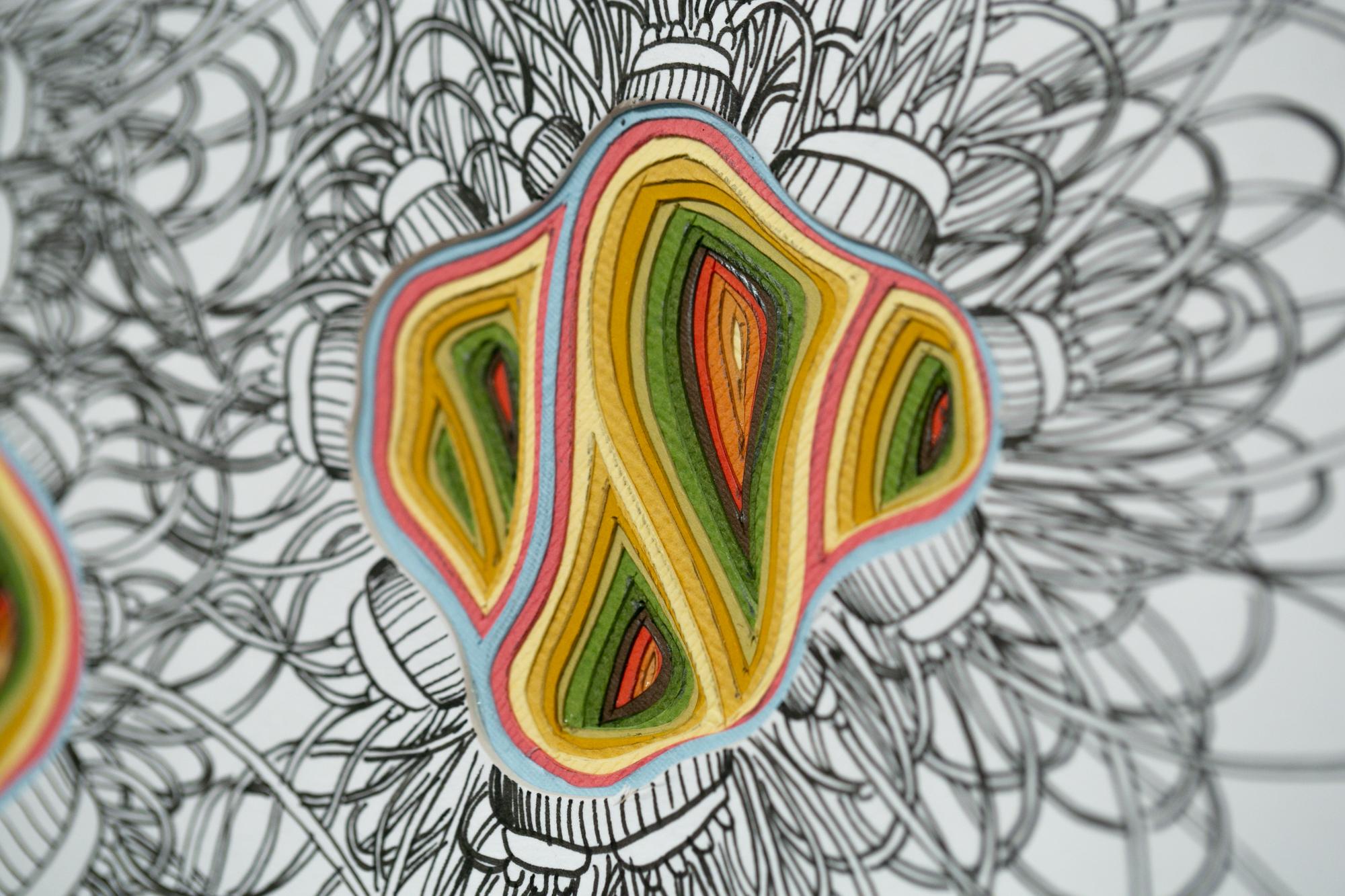 Original multicolored hand-cut paper and ink on illustration board layered paper sculpture by Charles Clary measuring 16