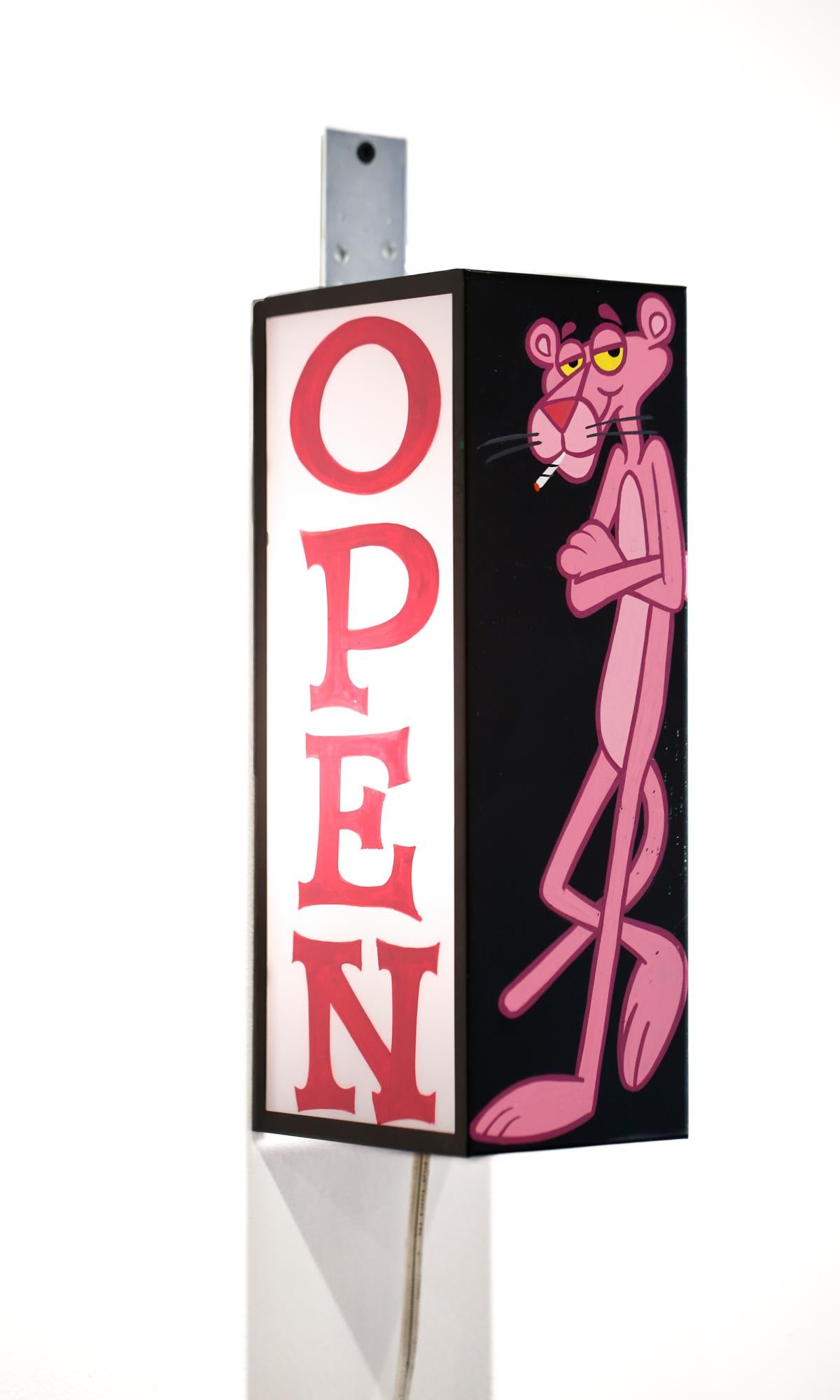 Pink Panther, Open / Closed, Hand-Painted Sign with Light - Sculpture by Marissa Cianciulli