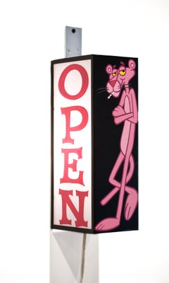 Panthère rose:: ouvert / fermé:: panneau peint à la main avec lumière