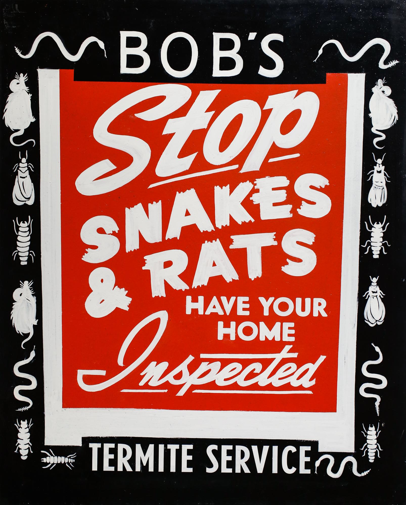 « Bob's Termite Service », enseigne peinte à la main, typographie, texte, bleu, rouge et blanc