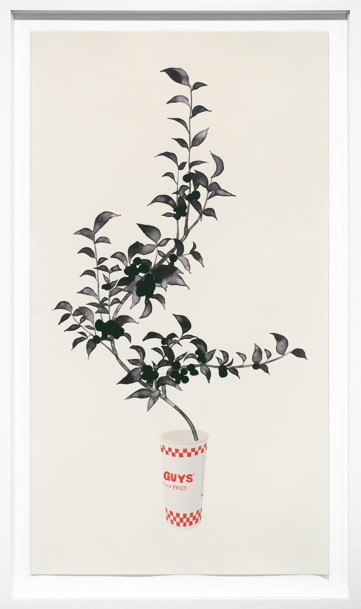 Yoonmi Nam Figurative Print - "Guys and Fries", Lithograph Print, Fast Food Cup and Floral Plant