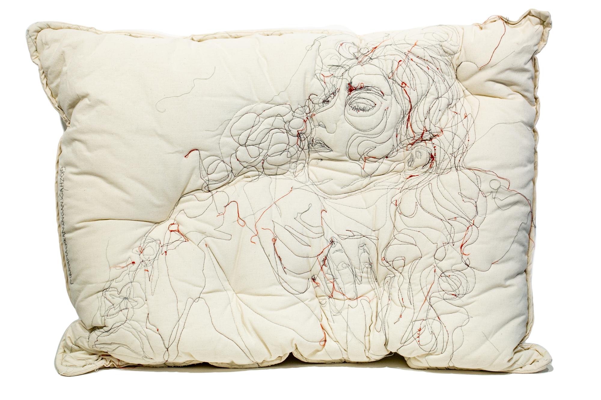 Maryam Ashkanian Figurative Sculpture - "Sleep Series III", Embroidered Figurative Pillow, Wall-Hanging Sculpture 