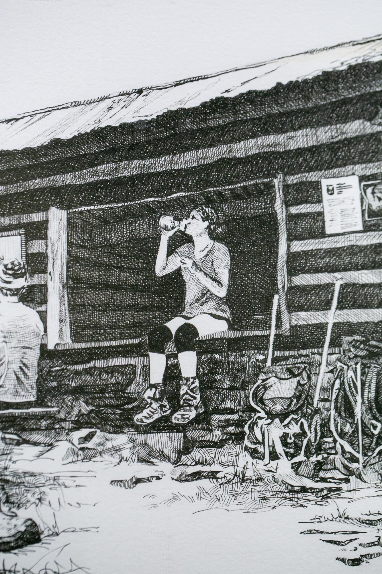 Kiefer Knob Shelter, Maryland, [ 39.54249, -77.60181] (Grau), Figurative Art, von Sarah Kaizar