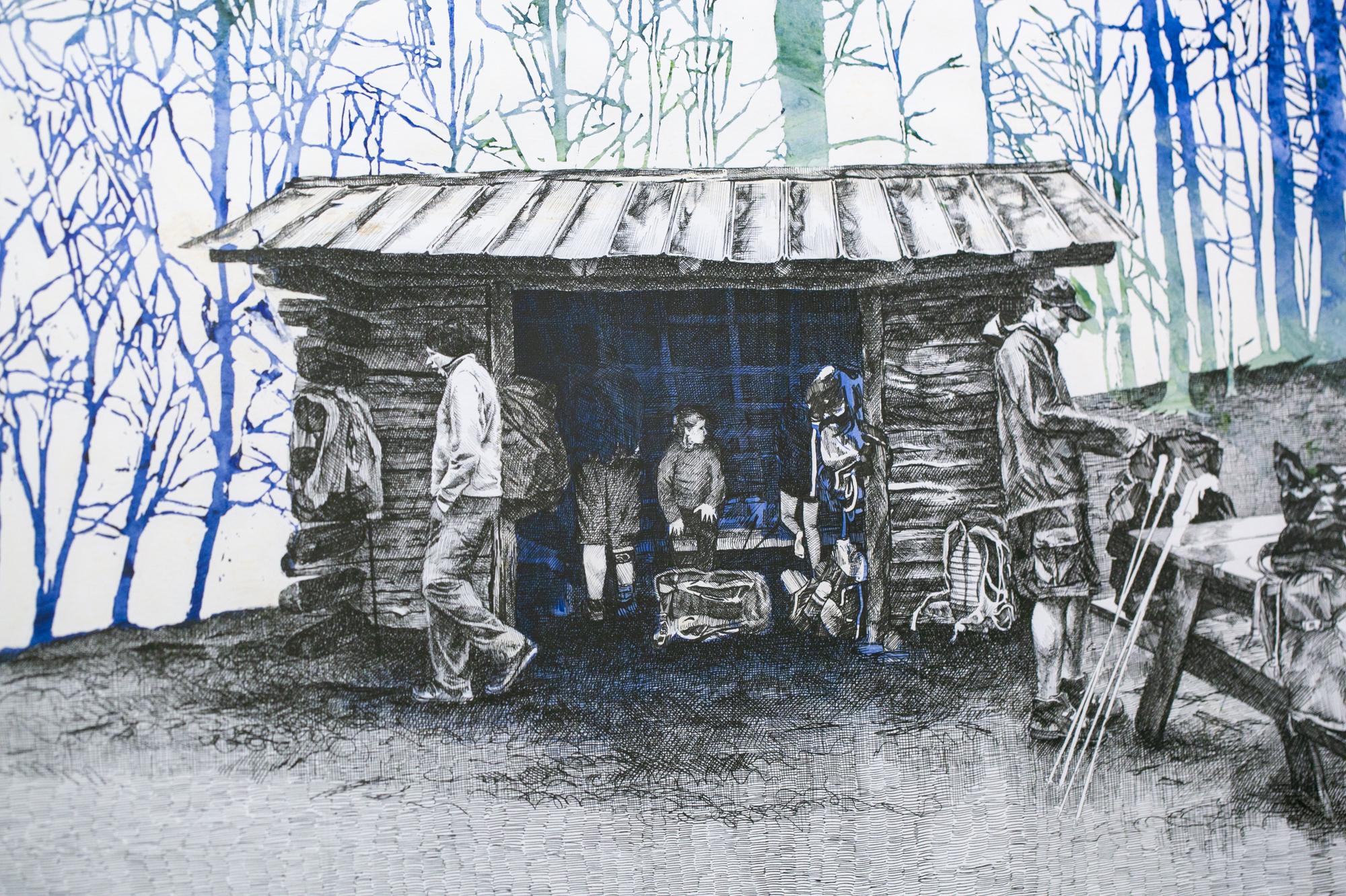 „Roaring Fork Shelter, North Carolina, [ 35.805, -82.94978 ]“ Appalachian Trail (Zeitgenössisch), Art, von Sarah Kaizar
