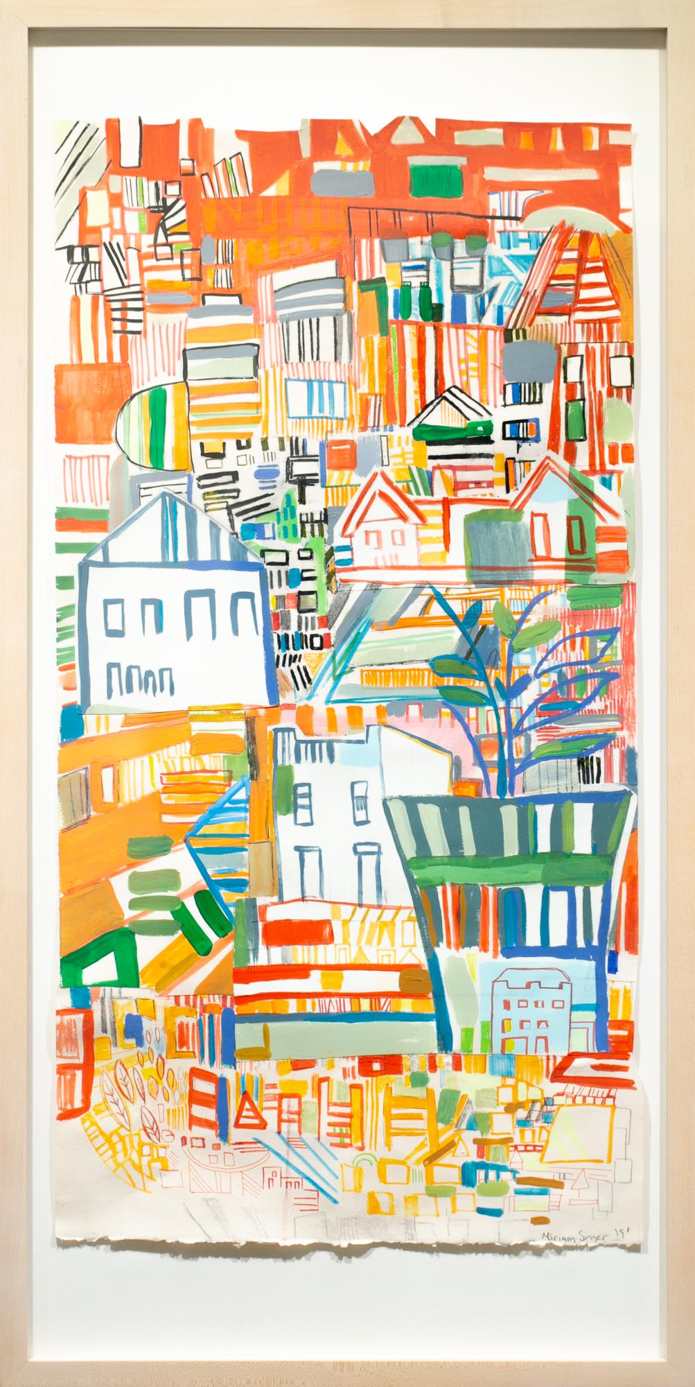 Miriam Singer Abstract Drawing - "Closed on Mondays", Abstract Colorful Cityscape Drawing