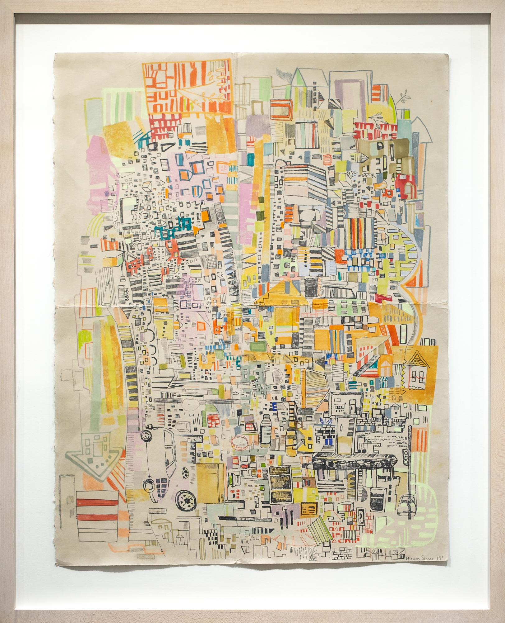 Miriam Singer Abstract Drawing - "Fairmount Route 3", Abstract Colorful Cityscape Drawing