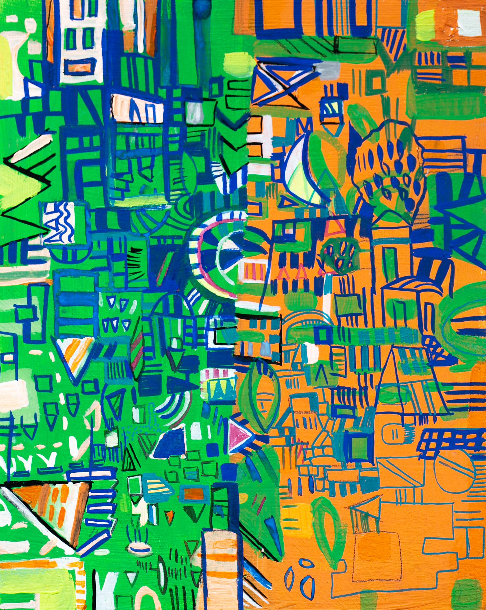 "Green and Orange Map", Abstract Painting, Cityscape