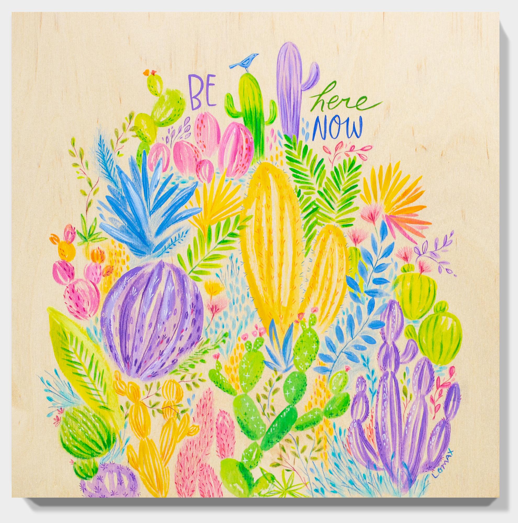 « Be Here Now », peinture florale, texte, bois exposé, couleurs vives et vives en vente 4