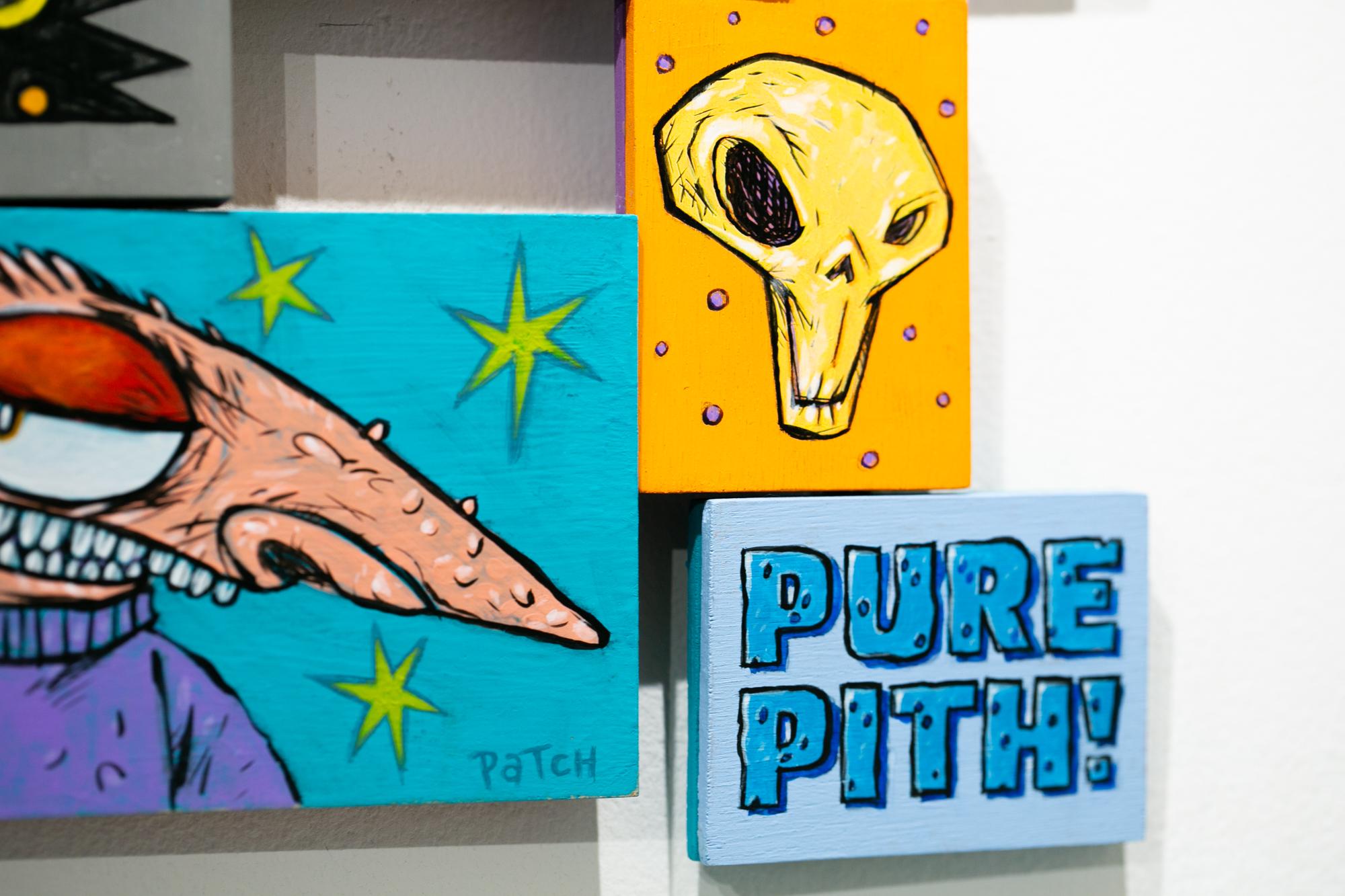 „ „Pure Pith““, Buntes Acrylgemälde, Text, Comic, Illustration (Zeitgenössisch), Painting, von Christian 