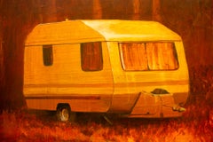 "La bougie", peinture à l'huile figurative, Camper Van, tons orange et chauds
