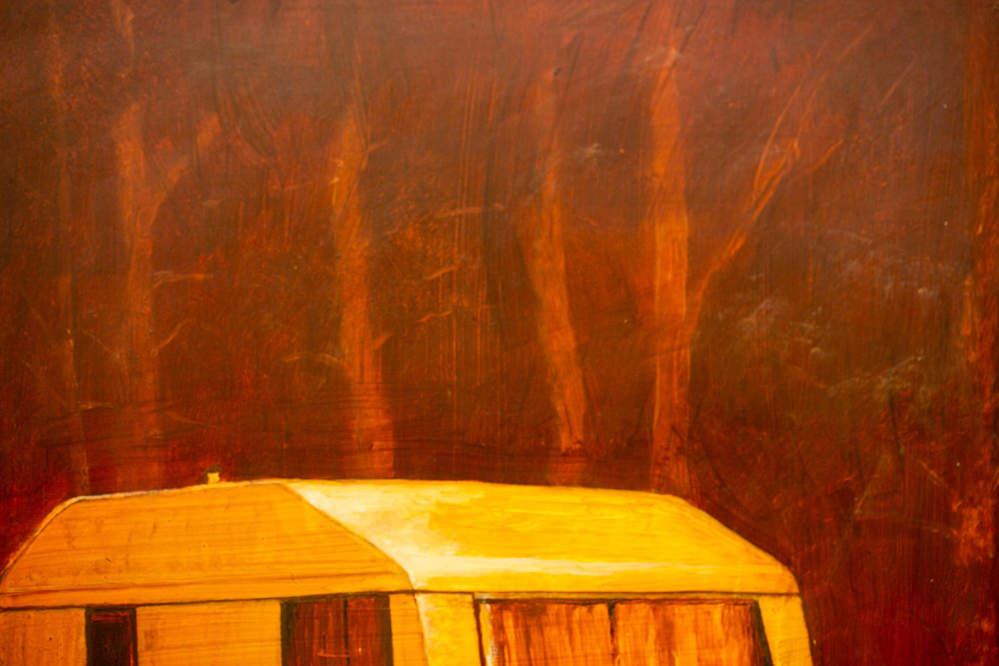 This orange painting of a camper van in a landscape titled 