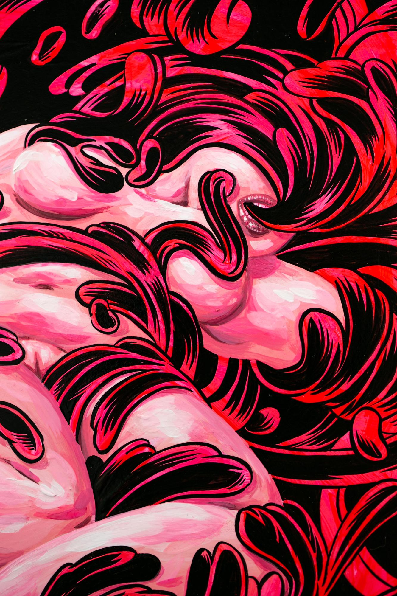 „ „Malignant“, abstraktes Gemälde, rosa und schwarz, Gouache und Tinte auf Holz (Zeitgenössisch), Painting, von Christine Larsen