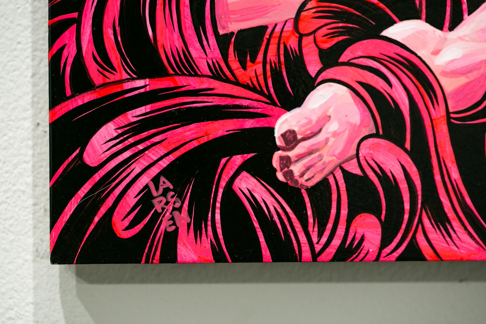Questo quadro astratto rosa e nero intitolato 