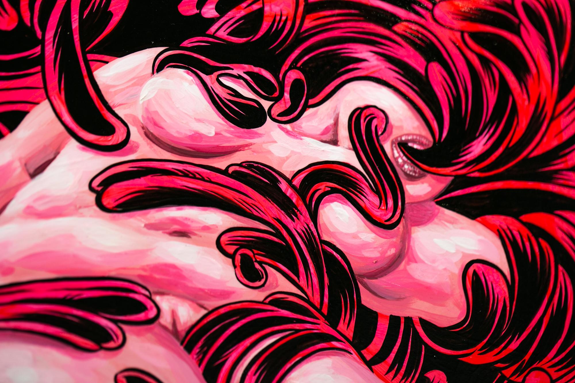 „ „Malignant“, abstraktes Gemälde, rosa und schwarz, Gouache und Tinte auf Holz im Angebot 3