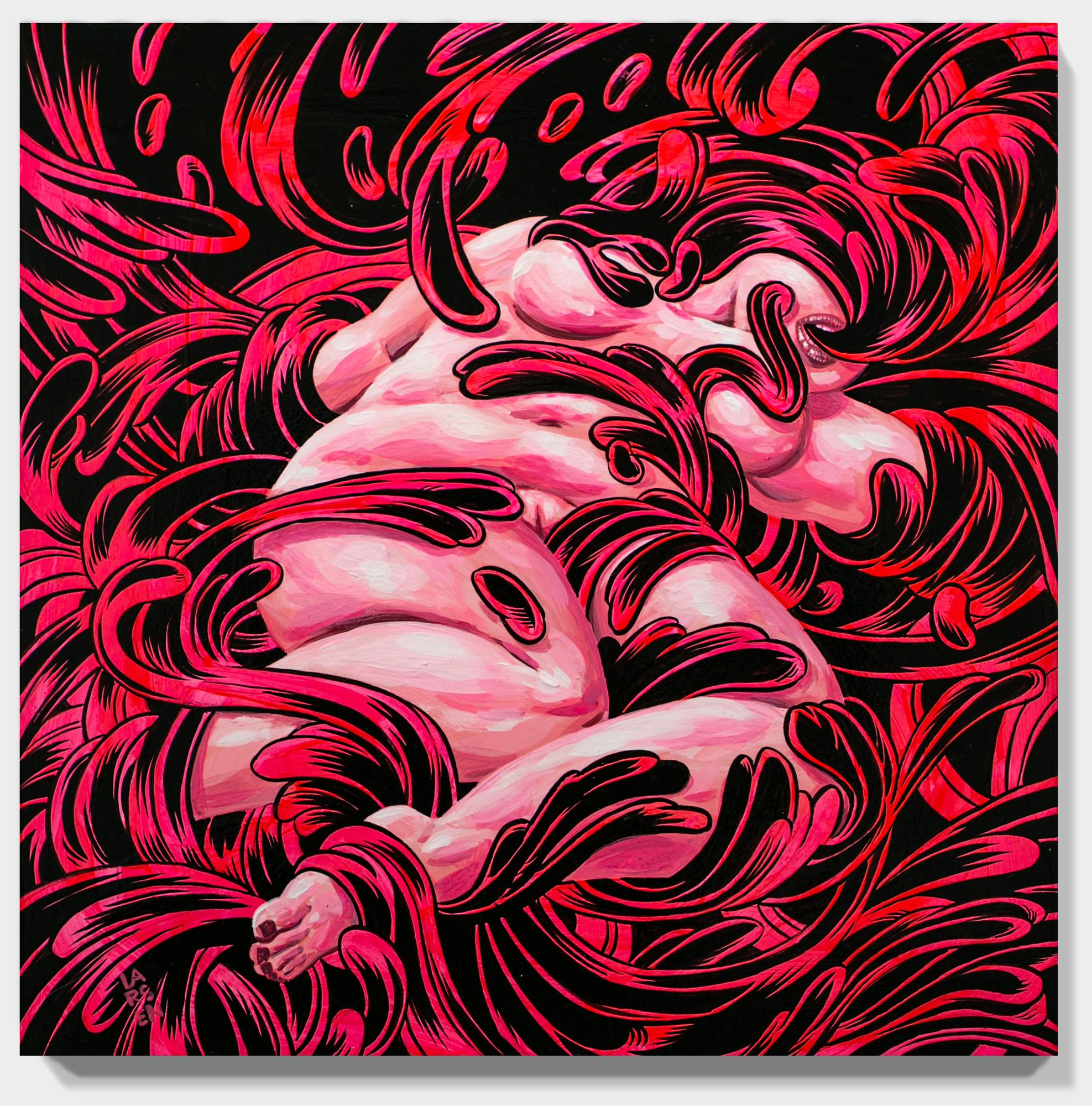 „ „Malignant“, abstraktes Gemälde, rosa und schwarz, Gouache und Tinte auf Holz im Angebot 4