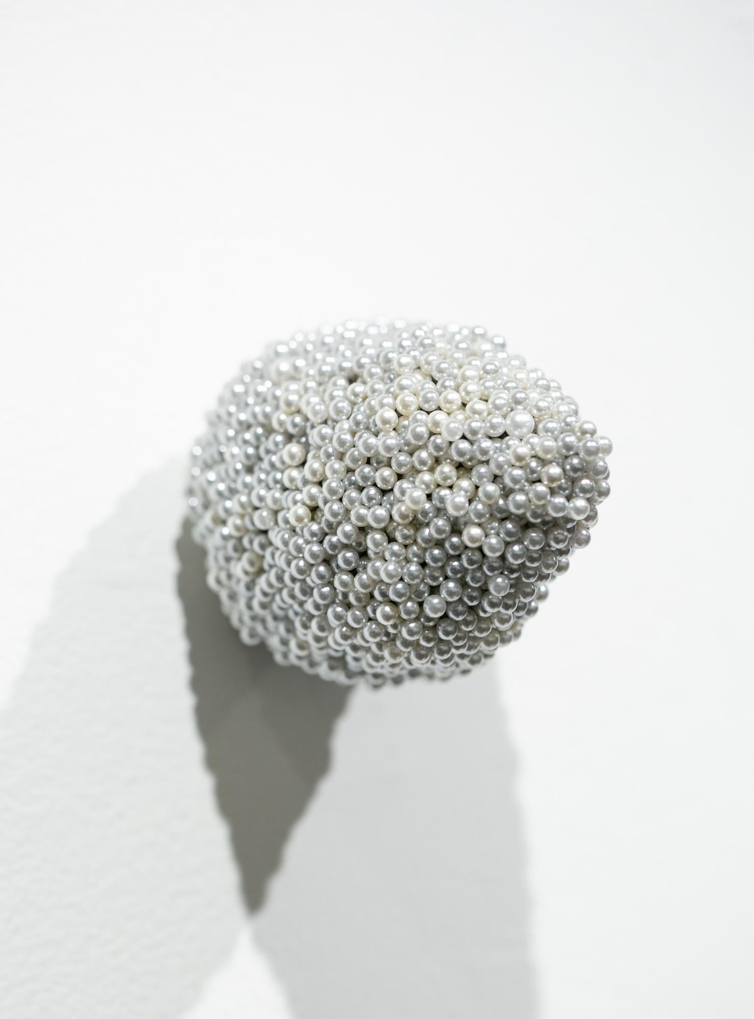 Angela Ellsworth Abstract Sculpture - "Tickler #8", White Abstract Pearl Corsage Pins Wall-Hanging Sculpture