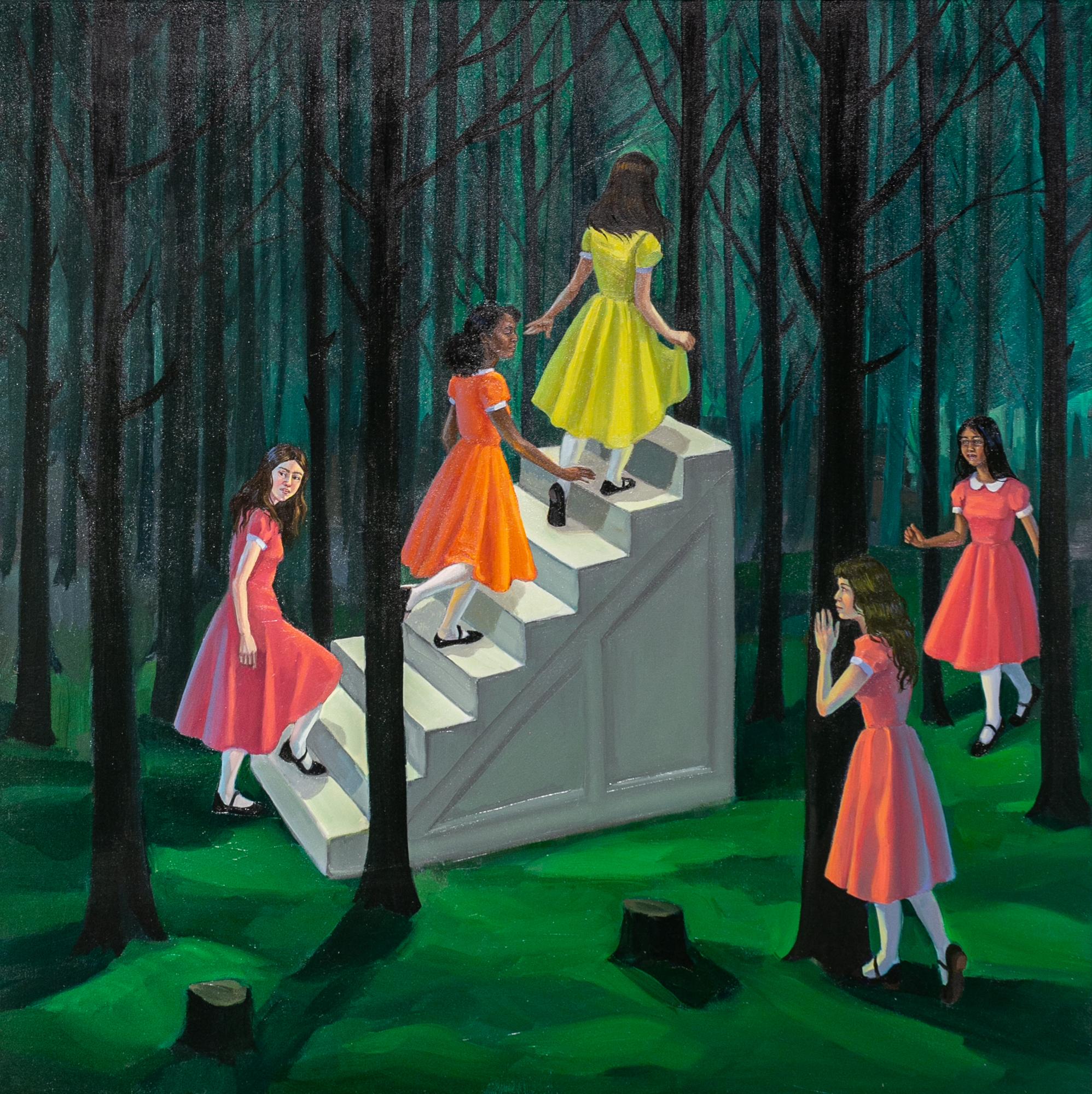 Zoe Hawk Figurative Painting - "The Stairway", Figurative Oil Painting, Dresses, Woods, Nature, Pink, Green