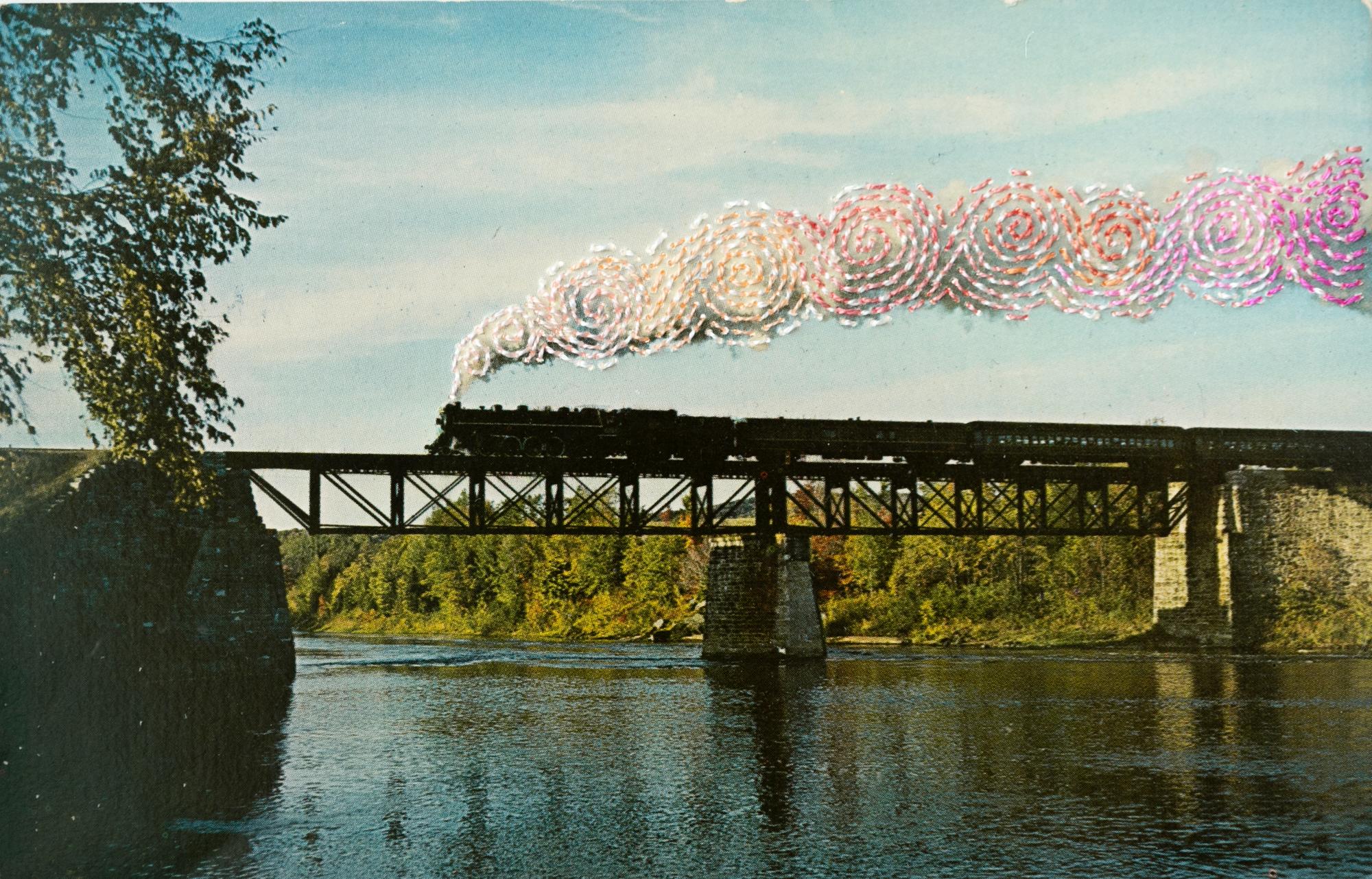 Han Cao Landscape Art - "Runaway Train", Surreal Hand-Embroidered Vintage Postcard, Transportation