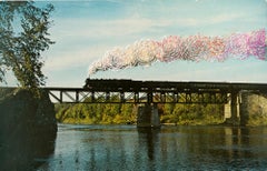 "Runaway Train", Surreal Hand-Embroidered Vintage Postcard, Transportation