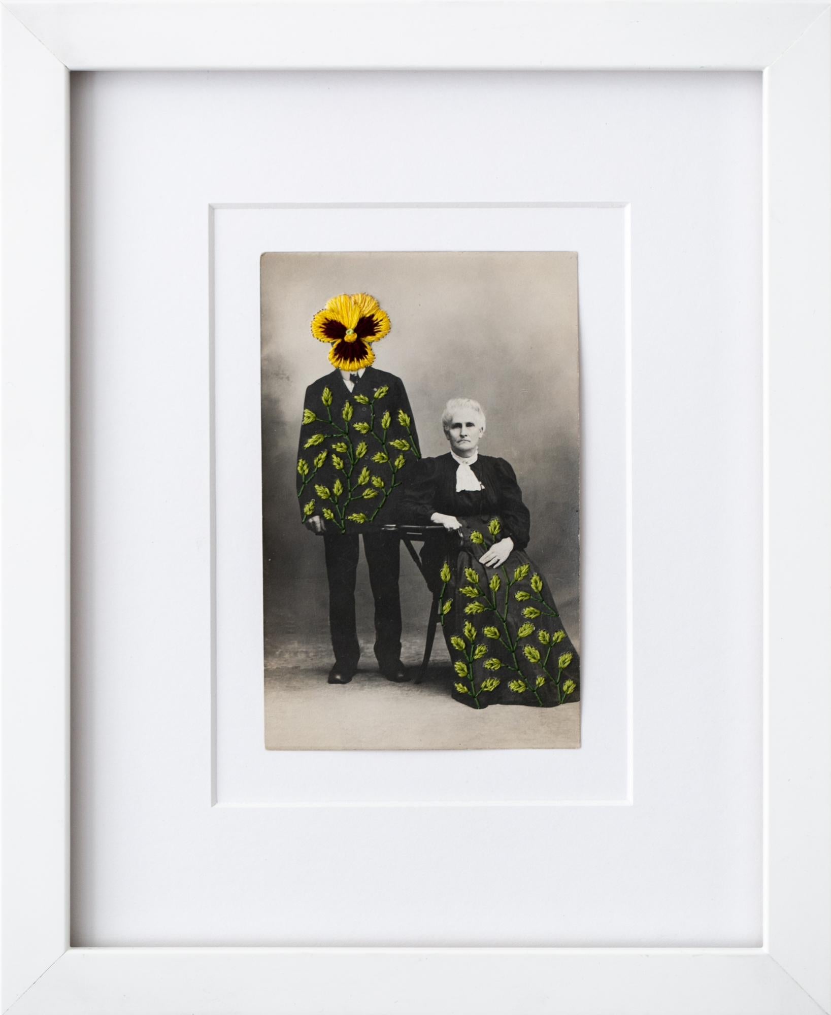 "Wallflowers: Yellow pansy", Floral Motif Surreal Hand-Embroidered Photograph - Mixed Media Art by Han Cao