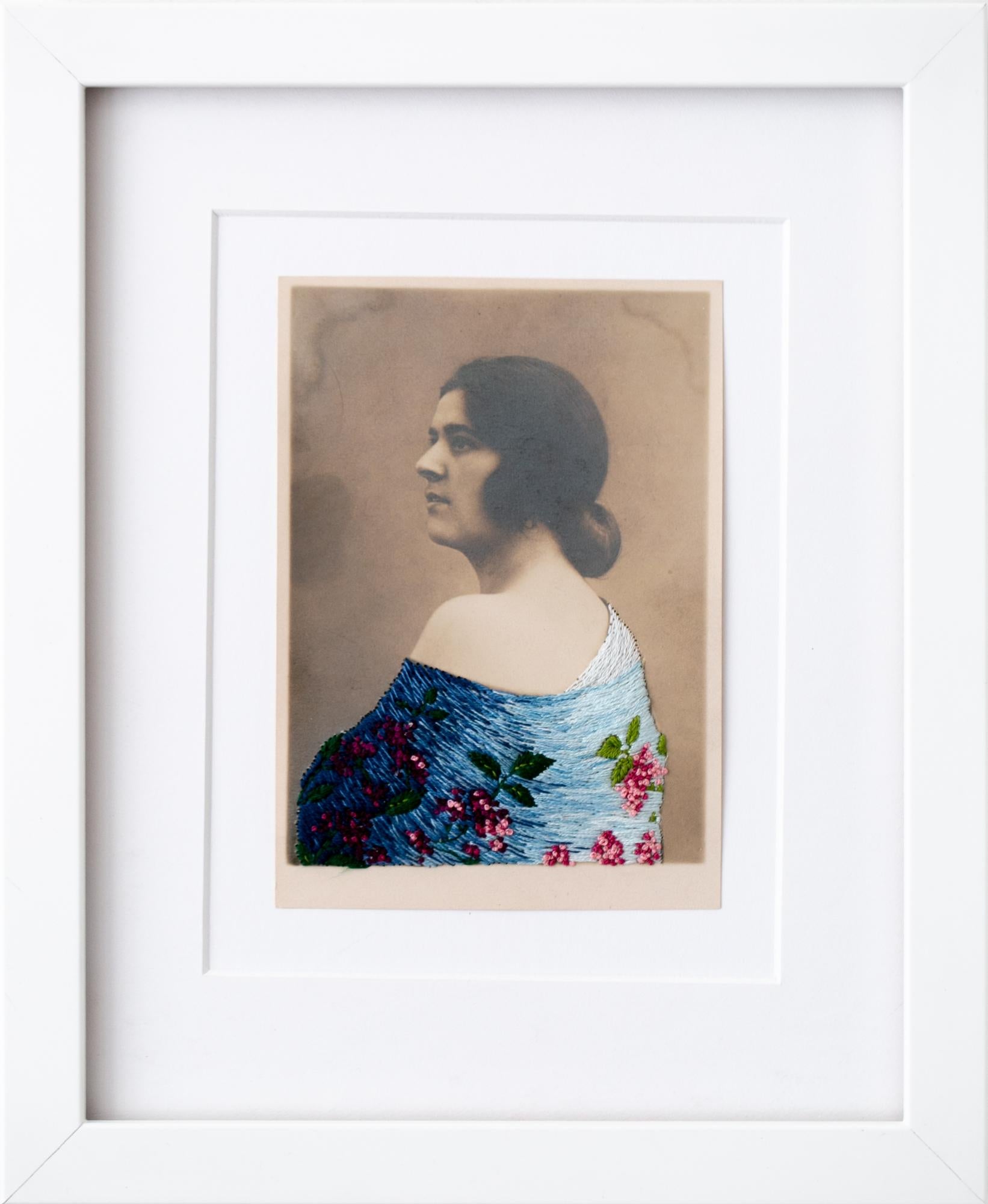 "The shawl", Floral Hand-Embroidered Vintage Photograph, Portrait, Figurative - Art by Han Cao