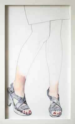 "Lucido", disegno figurativo a pastello a olio e penna, ritratto di gambe