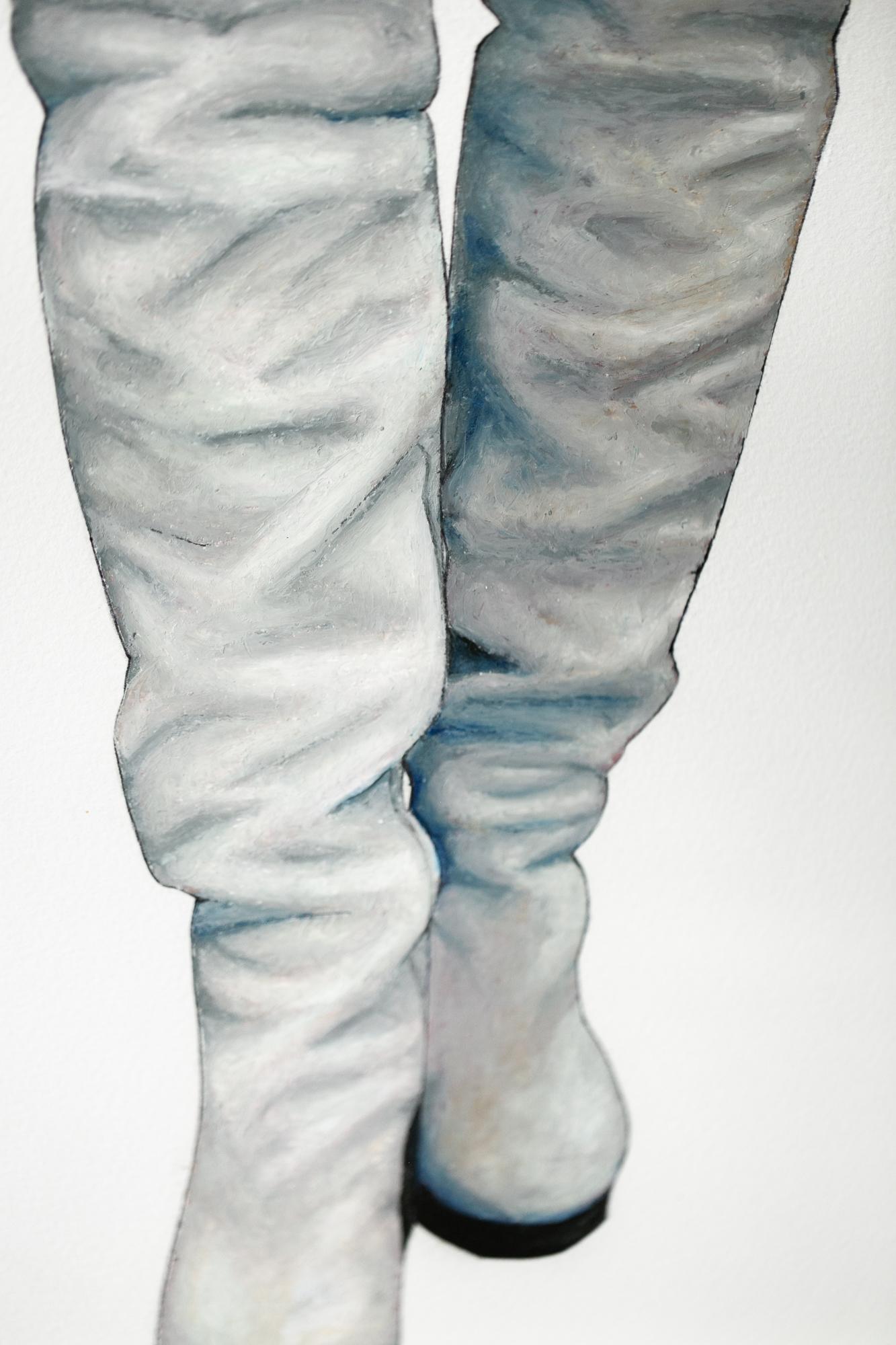 „ „Floored“, figurative Öl-Pastell-Zeichnung von Beinen, Stiefeln, Porträt – Art von Lauren Rinaldi