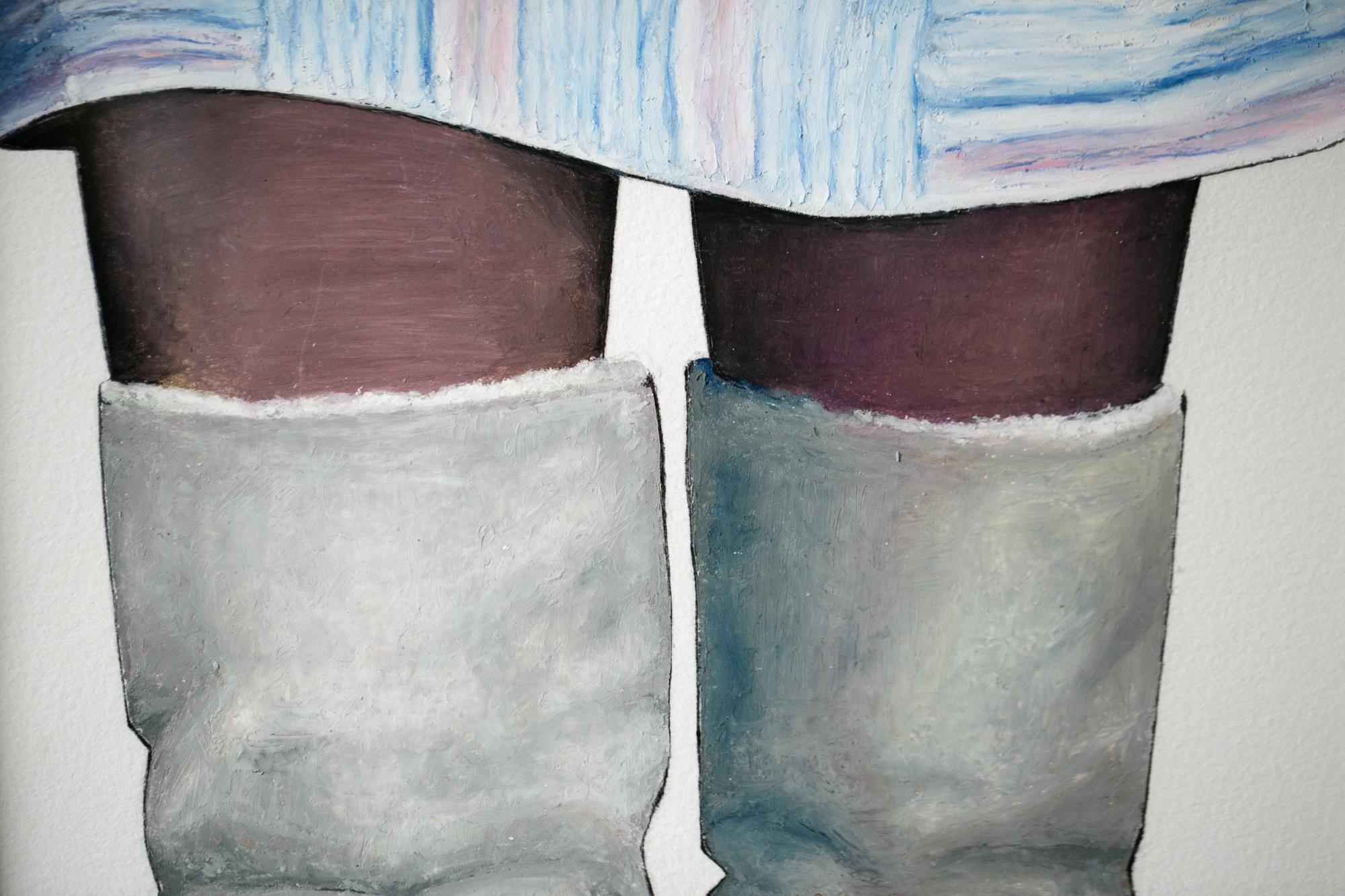 „ „Floored“, figurative Öl-Pastell-Zeichnung von Beinen, Stiefeln, Porträt (Zeitgenössisch), Art, von Lauren Rinaldi