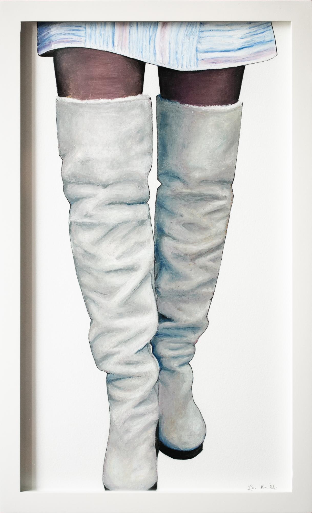 „ „Floored“, figurative Öl-Pastell-Zeichnung von Beinen, Stiefeln, Porträt