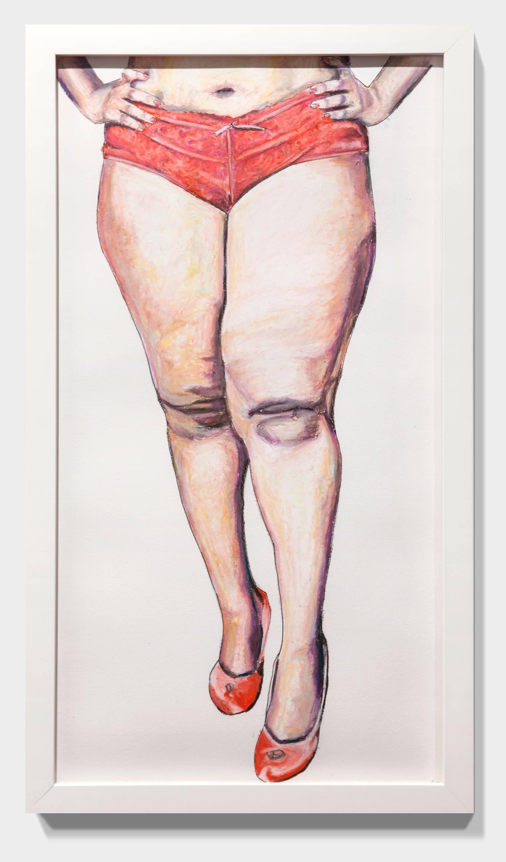 Peinture à l'huile rose, nu figuratif, talons hauts, lingerie en vente 2